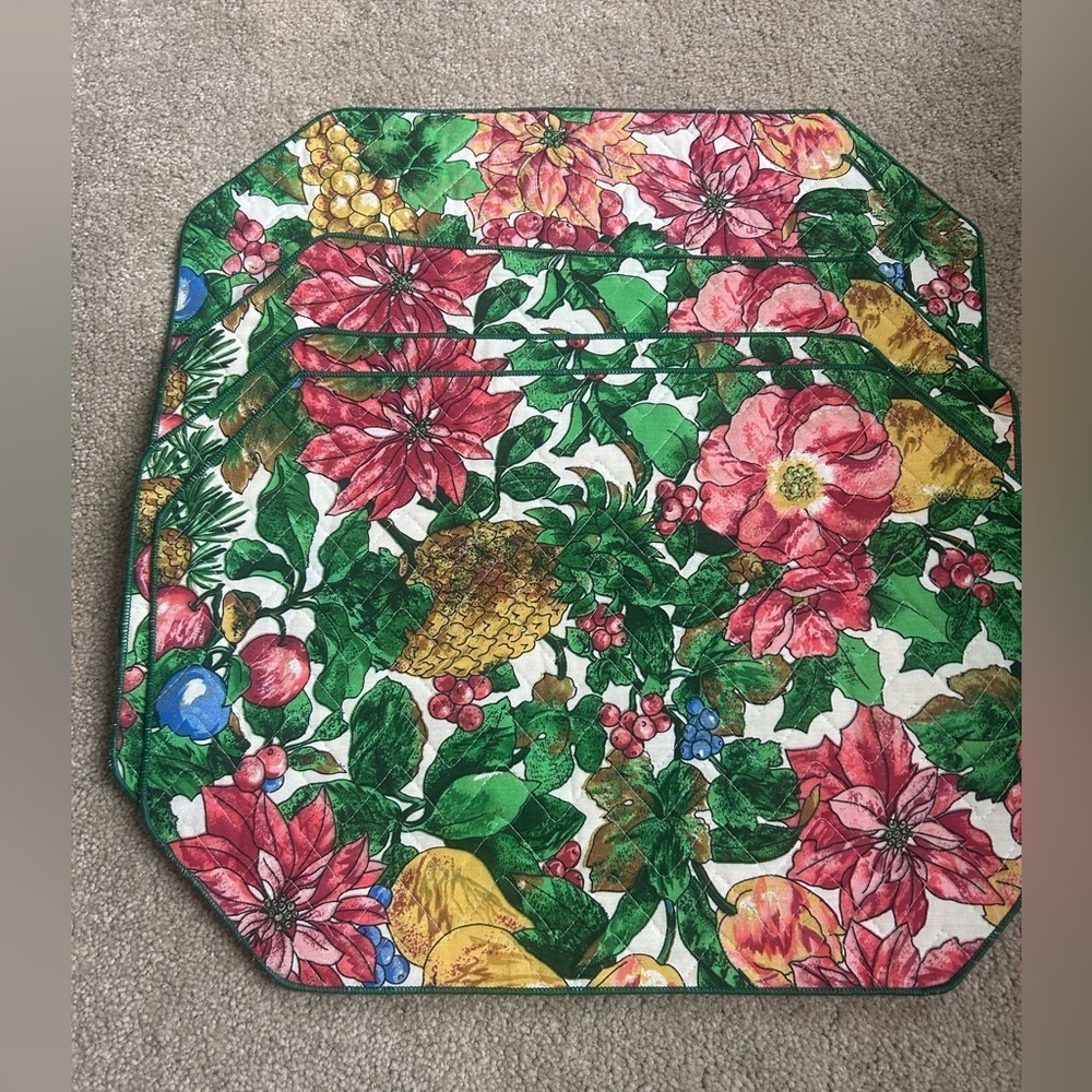 Vintage Floral Placemats Fruit Pineapple Set of 4 Cottagecore Tropical Quilted